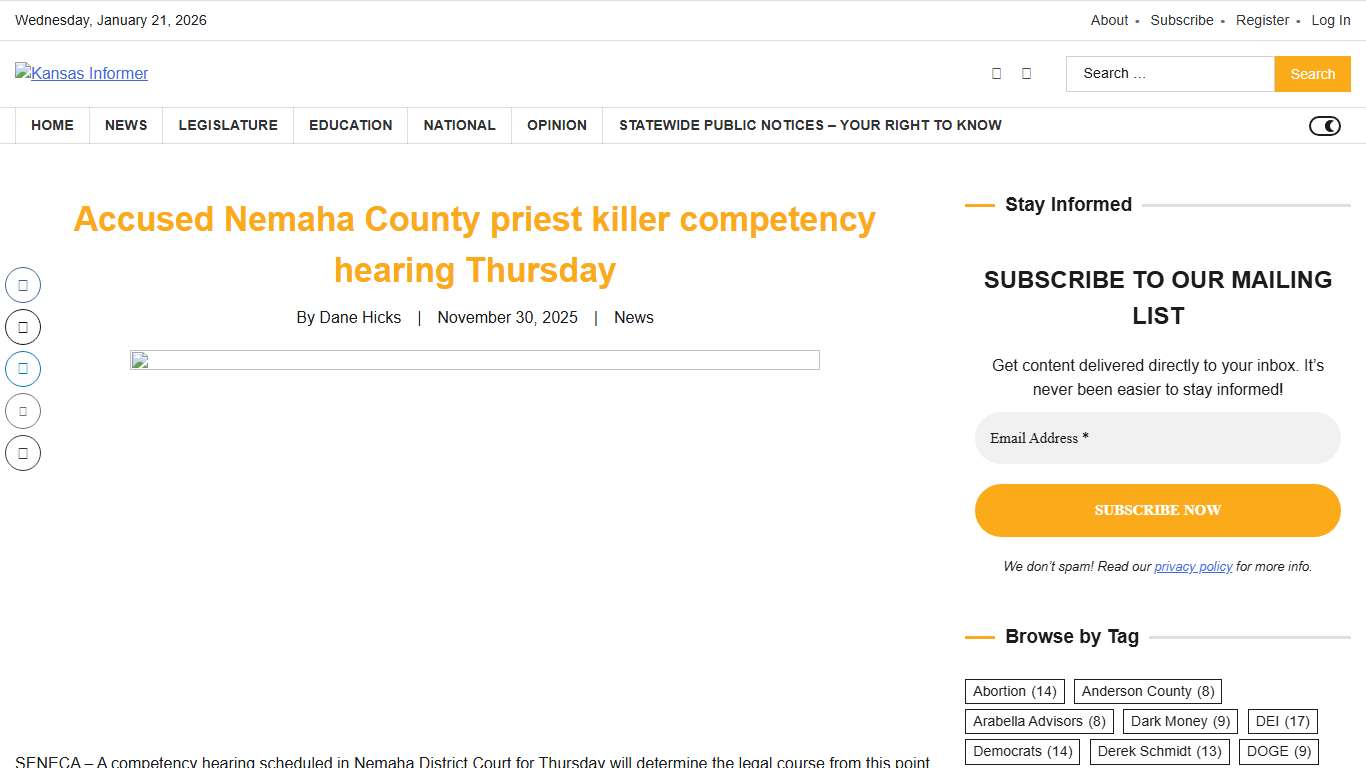Accused Nemaha County priest killer competency hearing Thursday - Kansas Informer