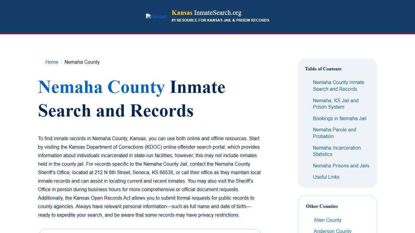 Nemaha County, KS Inmate & Jail Records Lookup